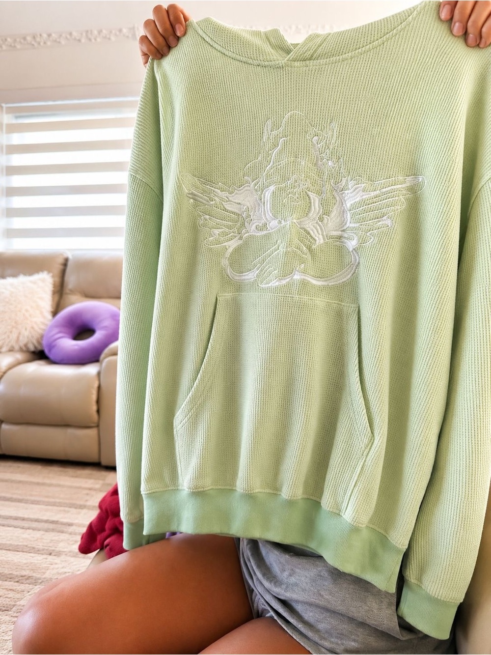 Boys Lie Light Green Waffle-Knit Crewneck Sweater with Embroidered Graphic